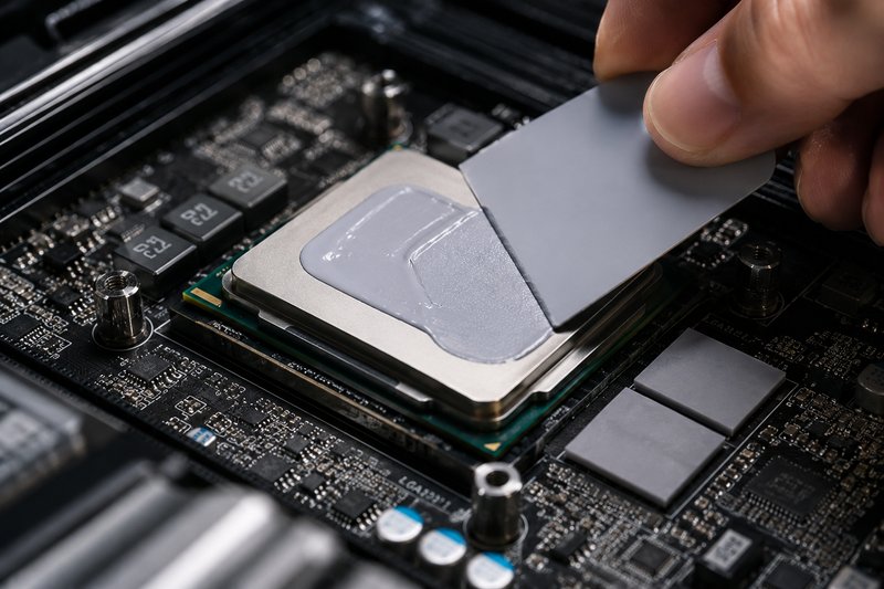 Engineer applying Tutamen proprietary thermal paste to a CPU die, with thermal pads at right